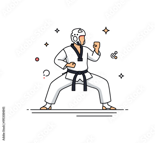 Taekwondo stance fundamentals illustration centered on a strong grounded pose with feet apart and arms positioned in guard, expressing stability and readiness.
