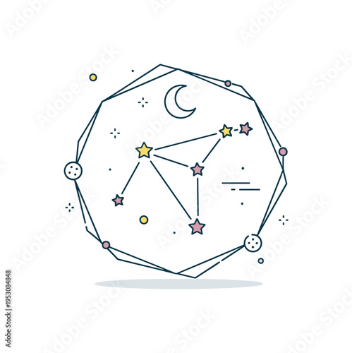 Constellation boundaries illustrated by a simple star cluster connected with thin lines and enclosed within a subtle geometric outline, symbolizing mapped