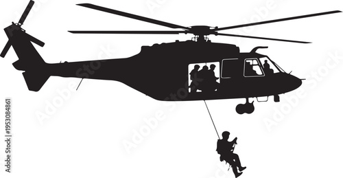 Black helicopter with people inside and person rappelling down rope