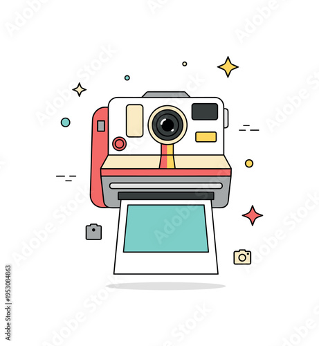 Retro camera culture simplified instant camera icon paired with a freshly printed square photo beneath it. A clean editorial illustration celebrating analog
