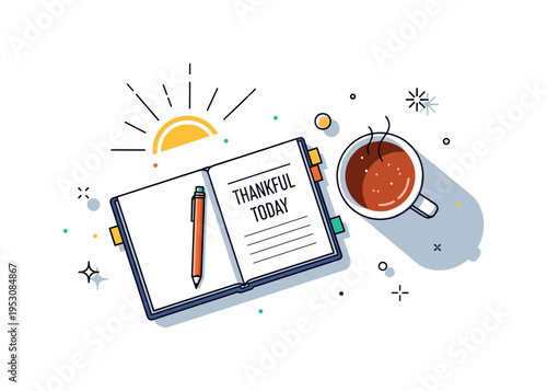 Grateful morning routine illustrated by a cup of tea beside an open notebook with a short ?Thankful Today? note. Soft sun rays and minimal shadow create a