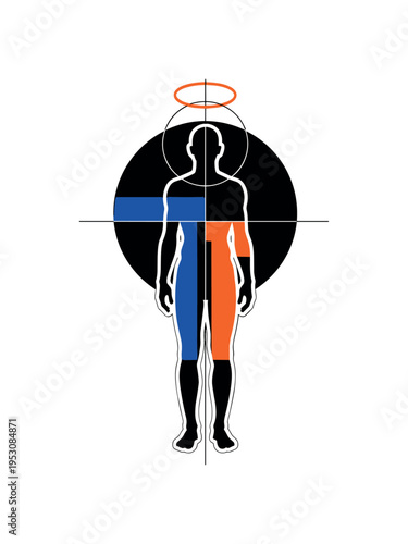 Black and white full human body outline standing upright in neutral pose, oversized abstract halo circle behind the silhouette, bold cobalt blue and vivid