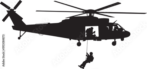 Black helicopter with people rappelling silhouette