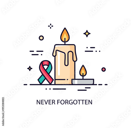 Memorial candle tribute concept featuring a single glowing candle with a subtle ribbon accent nearby, symbolizing remembrance and solidarity. A concise ?Never