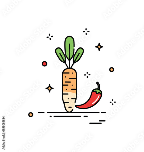 Horseradish spice intensity theme with a root icon paired with a small chili symbol to emphasize heat. Clean geometric lines and subtle sparkle details convey