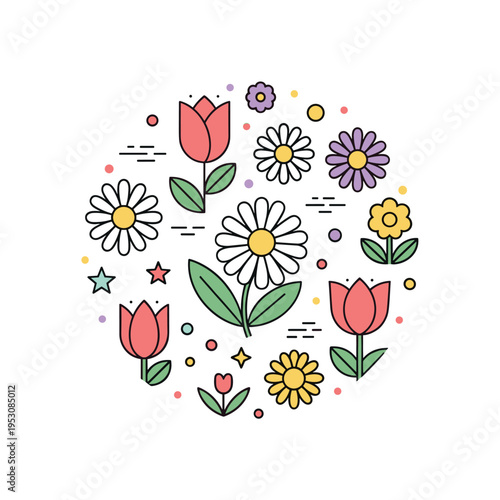 Colorful flower patch cluster of simple daisies and tulips arranged in a balanced circular badge. A lively editorial illustration celebrating variety and