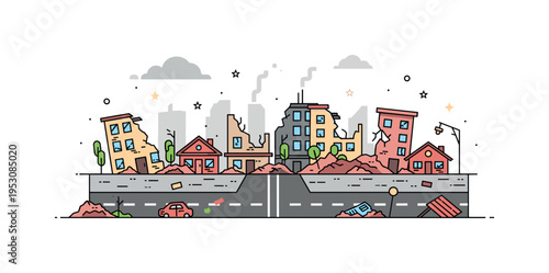 Destroyed homes and abandoned streets in a war-torn city with collapsed buildings, scattered debris, and empty roads under a gray, smoky sky, conveying