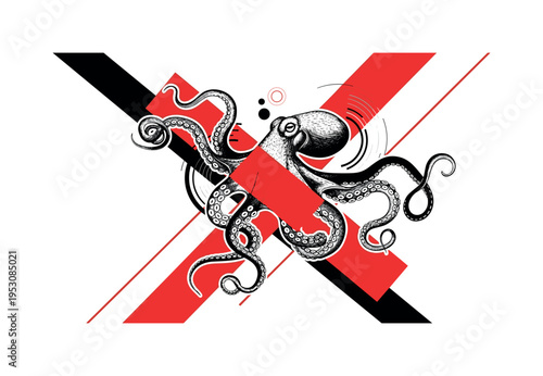 Black and white octopus with extended tentacles forming dynamic curves, combined with bold red rectangular shapes and diagonal lines creating tension, subtle