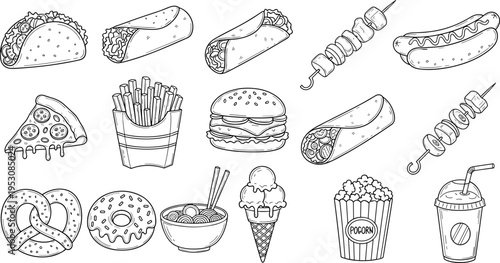 Collection of popular fast food and snack items in a doodle art style
