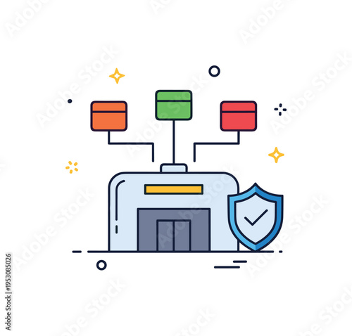 Decentralized inventory management storage facility icon paired with connected ledger blocks and a small check mark shield, symbolizing secure stock records. A
