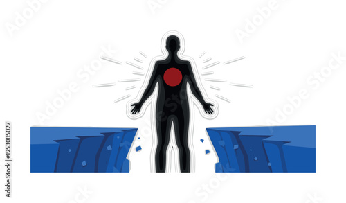 Black and white silhouette with arms slightly open facing vast space, bold deep red circle centered at chest height, cobalt blue angular blocks forming