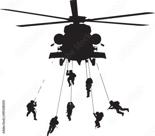 Black helicopter with soldiers rappelling on ropes