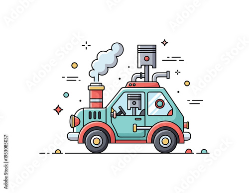 Steam-powered vehicles showing a steam tractor in a field with small gears, pistons, and smoke rising from the chimney, representing early mechanized