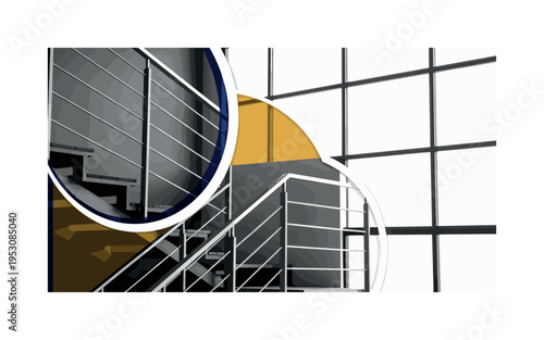 A monochrome close-up of metal staircase and railing inside a loft, oversized semicircles framing the upper structure, thin linear grid elements echoing window