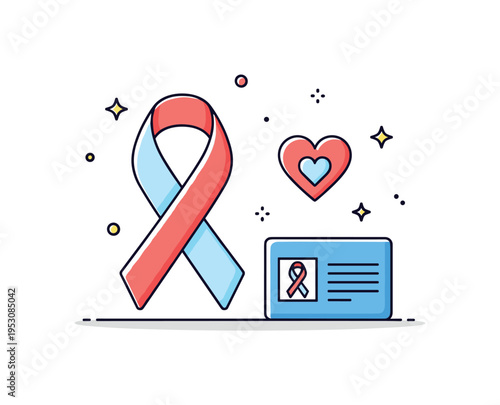 Health awareness initiative illustrated through a ribbon symbol paired with a subtle heart icon and small informational card, expressing prevention, support,