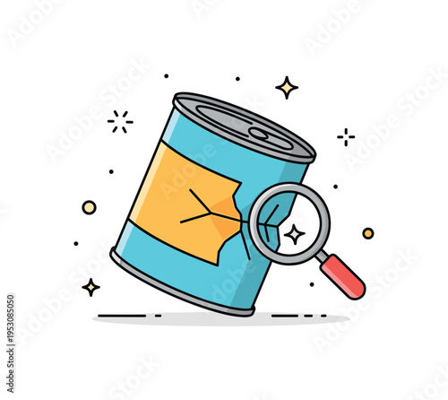 Damaged packaging inspection single tin can tilted slightly with small magnifying glass icon highlighting the dented area. A clear visual metaphor for consumer