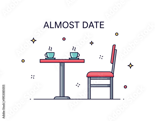 Almost date scenario represented by a small cafe table with two cups but only one chair occupied, conveying anticipation and absence. The compact composition