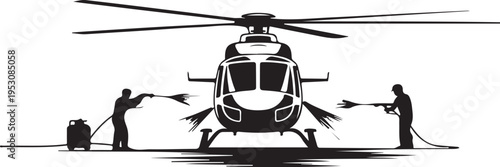 Black helicopter with two men washing it with pressure washers