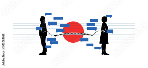 Black and white two figures connected by a long charging cable instead of holding hands, bold red circle behind as emotional core, cobalt blue rectangular