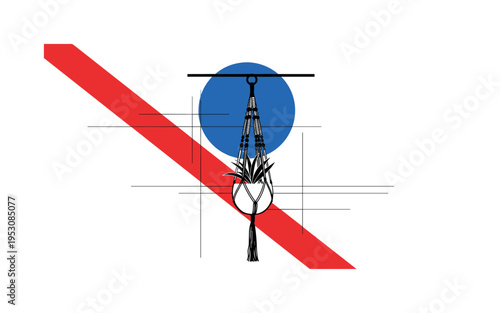 Black and white plant hanger macrame suspended from top frame with a simple pot inside, bold blue circle intersecting upper composition, red diagonal stripe