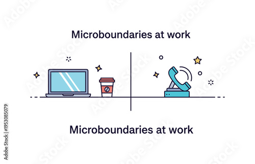 Microboundaries at work subtle desk divider line separating a laptop and a coffee cup from a ringing phone placed just outside the boundary, symbolizing