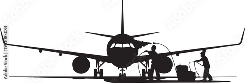 Black silhouette airplane being fueled by two ground crew members