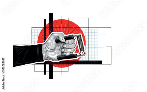 Black and white hand squeezing a spring gripper device mid-compression, large red circle radiating intensity behind, thin blue grid lines mapping strength