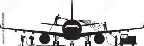 Black silhouette airplane being serviced by workers with hoses