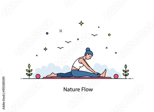 Morning yoga in woodland scene showing a stretching figure on a mat with small bird silhouettes nearby. Subtle sparkle accents and a short ?Nature Flow?