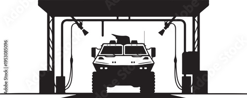 Black silhouette armored vehicle in car wash bay with lights