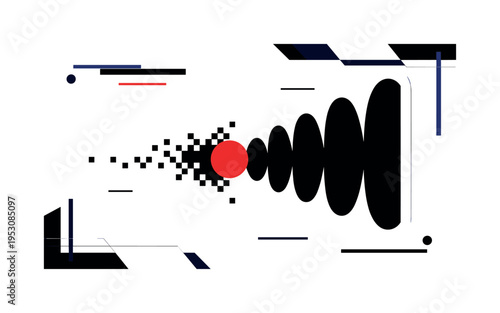 Black and white abstract combination of pixel blocks transforming into smooth curved shapes symbolizing shift into new millennium, bright red circular accent