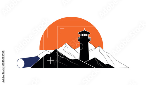 Black and white watchtower silhouette combined with stylized mountain shapes below, bold orange semicircle framing upper sky area like sunrise, thin framing