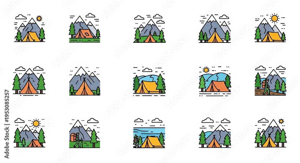 Fototapeta premium Colorful camping icons in mountains.