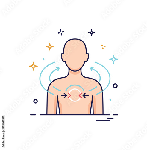 Breathing and grounding technique visualized as a human silhouette with a soft expanding circle around the chest and tiny inhale exhale arrows, highlighting