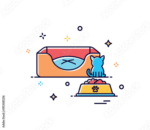 Temporary foster care badge illustrated by a pet bed and food bowl beside a small animal silhouette, symbolizing nurturing and stability during transition. The