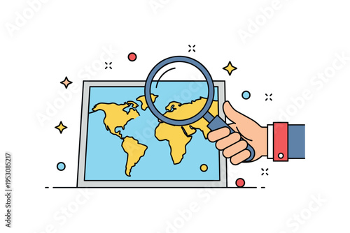 Map reading skills student hand holding a magnifying glass over a simplified continent shape on a desk map. A focused visual metaphor for analysis, detail, and