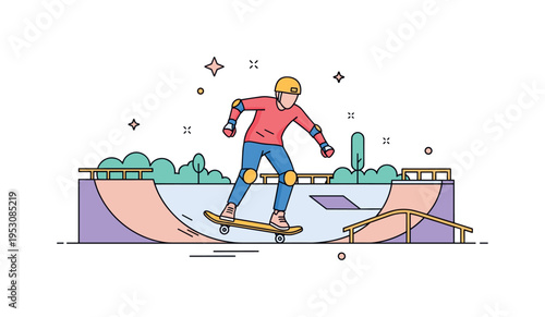 Skateboarding in a park with ramps and rails, small decorative stars highlighting agility, focus, and playful urban sports culture. Minimalist flat vector