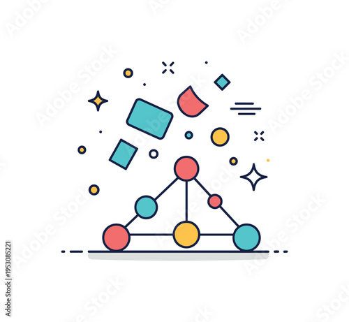 Opportunity within chaos metaphor represented by scattered abstract shapes reorganizing into a stable structure with a small sparkle accent. The composition