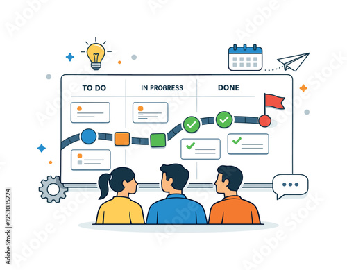 Product manager workflow focused on aligning teams around a clear plan. A calm and confident visual metaphor built from a roadmap board with neatly arranged