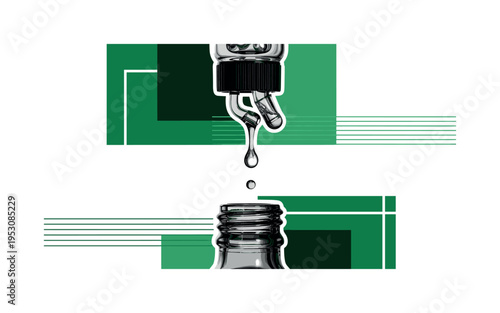 Monochrome close-up of liquid dripping from a condenser into a bottle, intersected by bold green geometric blocks and thin horizontal rhythm lines symbolizing