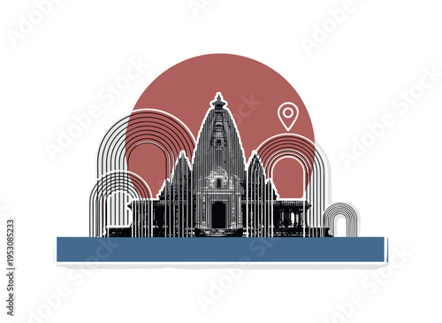 Black and white ancient temple silhouette layered with abstract geometric arches, large muted red semi-circle rising behind like a sun, blue horizontal block