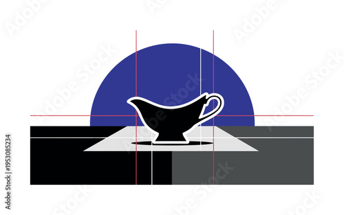 A monochrome gravy boat placed on a simplified geometric table surface made of flat rectangles, oversized circular form behind creating depth, thin