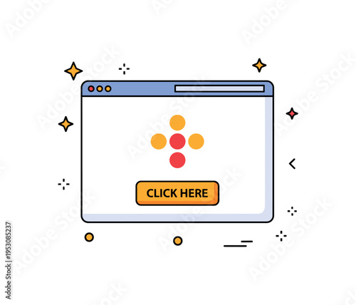 Website heatmap analytics simplified webpage layout with warm color spots clustered around a call to action button labeled Click Here. A focused visual