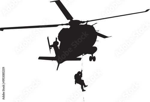 Black silhouette helicopter with person rappelling down rope