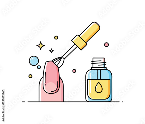 Nail cuticle oil treatment centered on a small cosmetic bottle with a brush applicator touching the edge of a stylized nail, conveying precision care and
