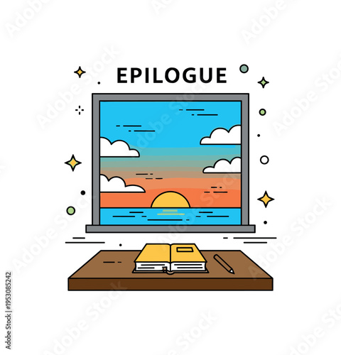 Epilogue illustrated as a sunset viewed through a window above a desk with a closed book, conveying endings, calm reflection, and narrative closure. Minimalist