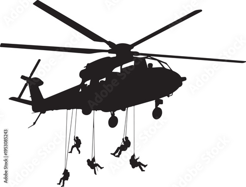 Black silhouette helicopter with people rappelling on ropes