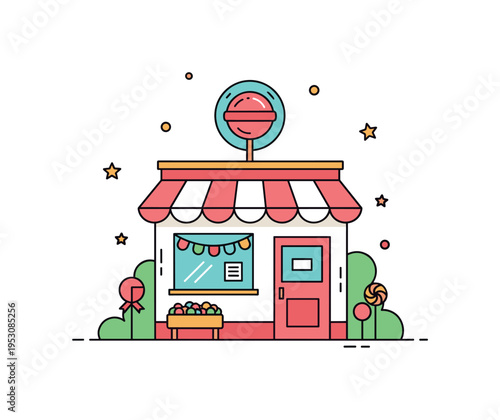 Candy store storefront charming small shop facade with striped awning and a round lollipop sign above the door, inviting and playful in mood. A compact
