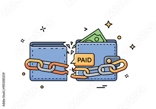 Financial relief broken chain around a wallet snapping open with a subtle Paid icon inside. The compact editorial scene symbolizes freedom from debt and