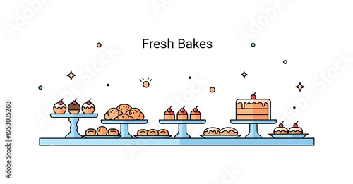 Bakery style dessert table with assorted pastries and a neatly sliced cake displayed on stands. A subtle ?Fresh Bakes? caption and minimal decorative dots